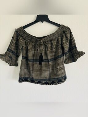Talori Smocked Off-The-Shoulder Geometric Boho Blouse Western Size Medium Green